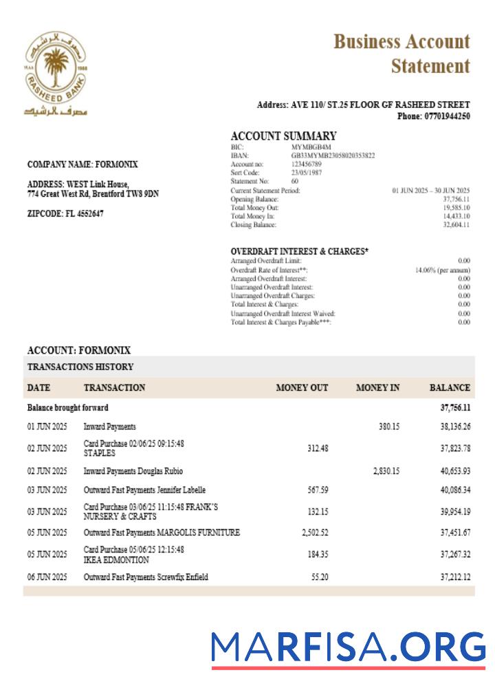 Blank Rasheed company checking account statement Word and PDF template